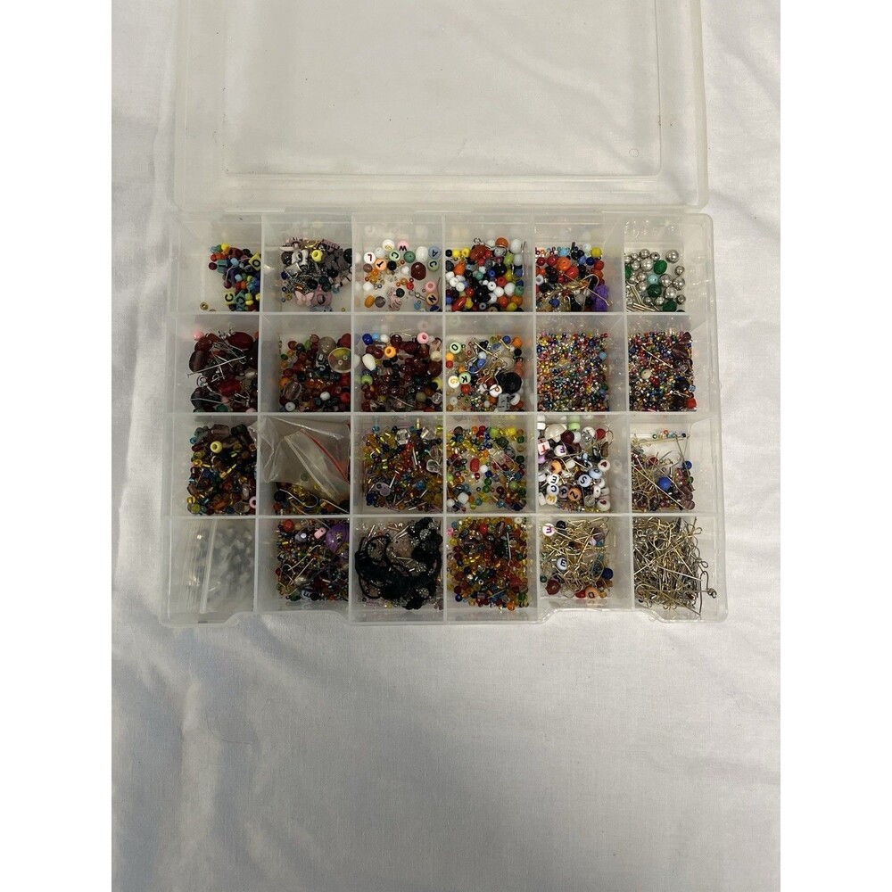 Assorted Mixed Jewelry Making Bead Lot w/ Findings in Plastic Organizer Box